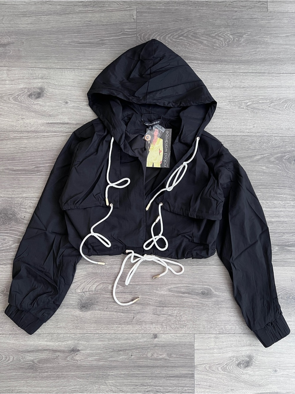 NAKED WARDROBE String U Along Windbreaker Jacket Small Black Cropped Streetwear